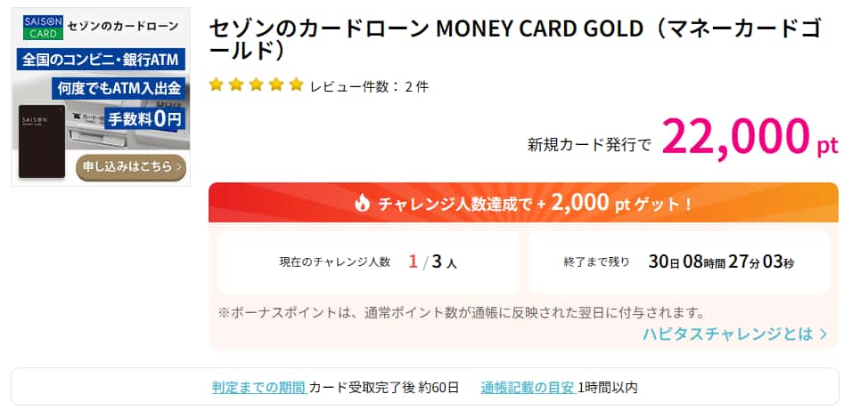 セゾンのカードローン MONEY CARD GOLD広告（ハピタス22000pt）